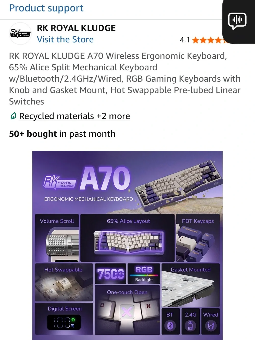 RK ROYAL KLUDGE A70 Purple & White Wireless Ergonomic Mechanical Keyboard